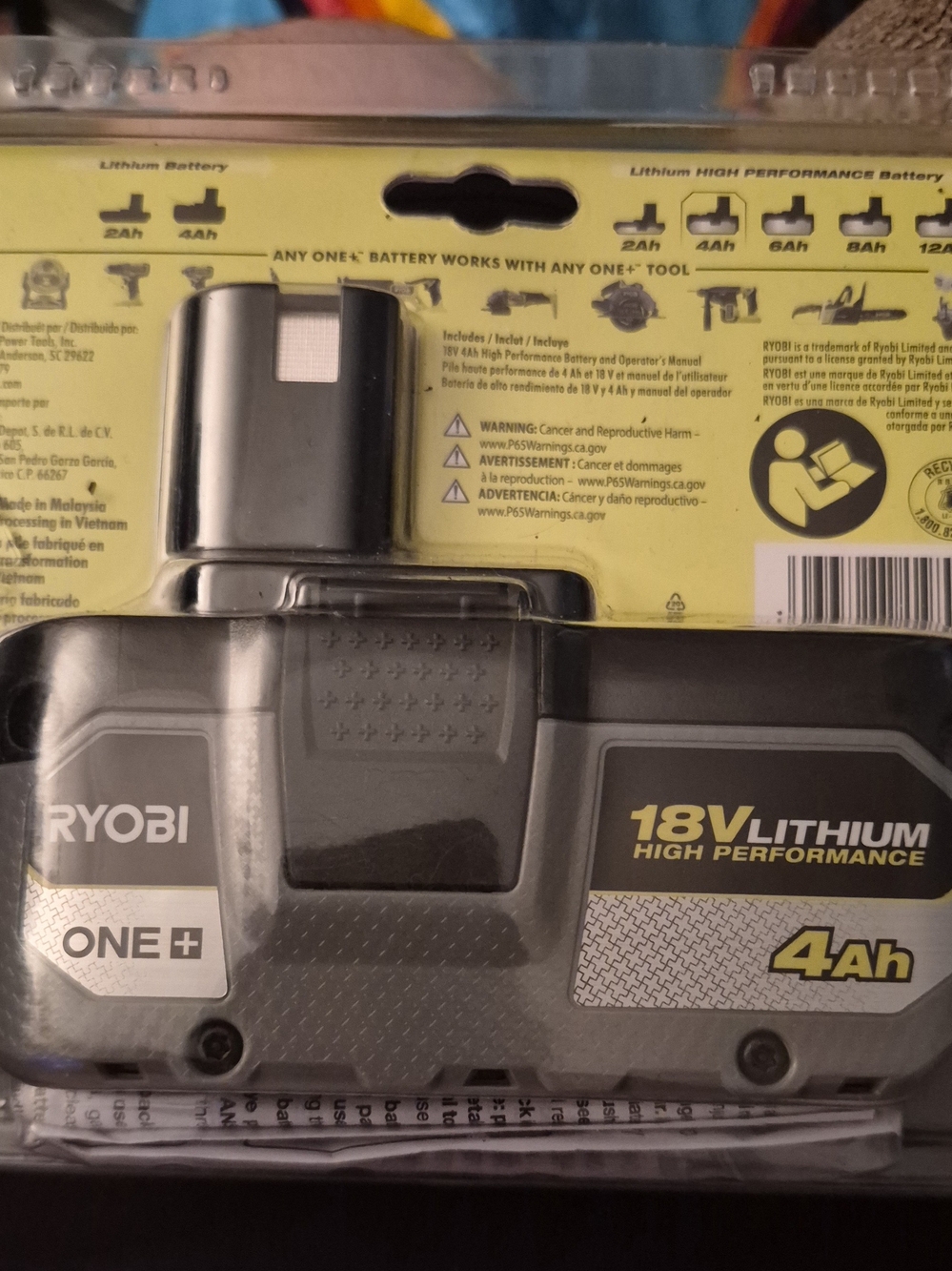 RYOBI ONE+ 18V 4Ah High Performance Lithium Battery - Black/Yellow - Picture 2 of 2